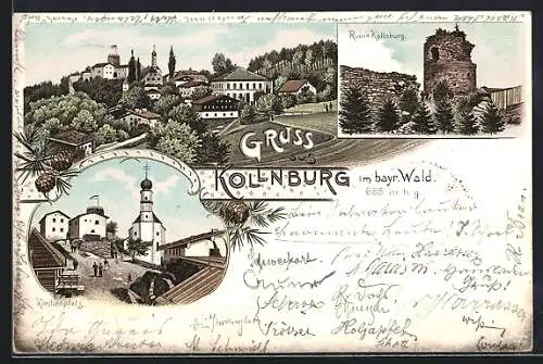 Lithographie Kollnburg, Totalansicht, Ruine, Kirchenplatz