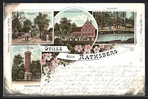 Lithographie Rathsberg, Schloss, Gartenrestaurant, Wildnis