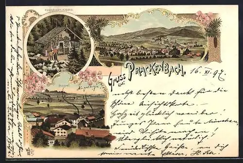 Lithographie Prackenbach, Totalansicht, Kesselboden-Kapelle, Brauerei