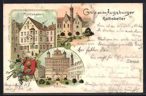 Lithographie Augsburg, Gasthaus Rathskeller, Rathhaus, St. Maria Stern