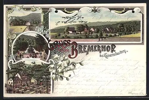 Lithographie Kaiserslautern, Gasthof Bremerhof mit Brunnen und Umgebung