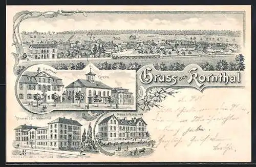 Lithographie Kornthal / Württ., Gasthaus u. Kirche, Neue Lateinschule, Panorama