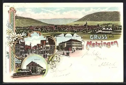 Lithographie Metzingen / Württ., Hotel Sprandel, Bahnhof und Stadtpanorama