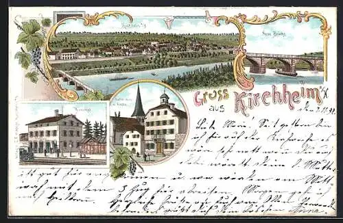 Lithographie Kirchheim / Neckar, Rathaus und Kirche, Bahnhof, Neue Brücke