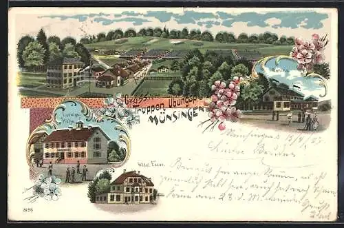 Lithographie Münsingen, Hotel Fezer, Truppenübungsplatz aus der Vogelschau