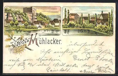 Lithographie Mühlacker, Ortsansicht mit Burgruine Löffelstelz, Blick übers Wasser