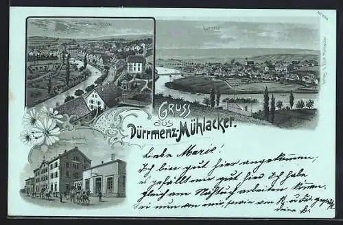 Mondschein-Lithographie Dürrmenz-Mühlacker, Bahnhof und Flusspartie