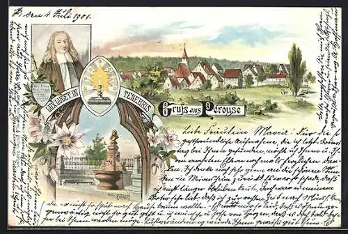 Lithographie Pérouse, Ortsansicht aus der Vogelschau