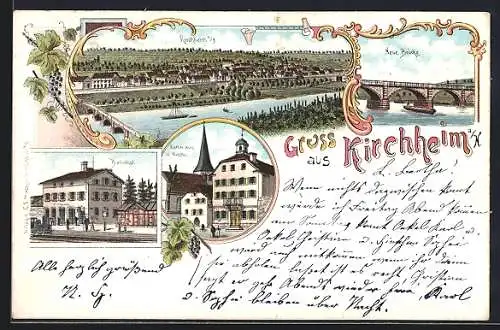 Lithographie Kirchheim / Neckar, Rathaus und Kirche, Bahnhof, Neue Brücke