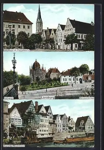 AK Lüneburg, am Markt mit Nicolaikirche, am Schifferwall, Synagoge, Häuser am Stintmarkt