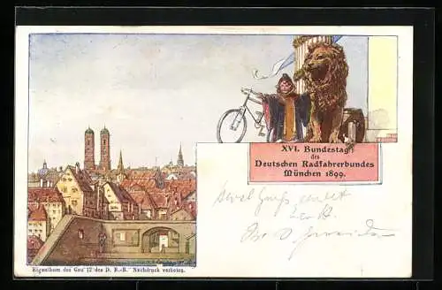 Lithographie München, XVI. Bundestag des Deutschen Radfahrerbundes 1899, Münchner Kindl mit Fahrrad, Teilansicht