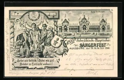 AK Augsburg, Schwäbisch-Bayerisches Sängerfest 1900, Festhalle und Feiernde