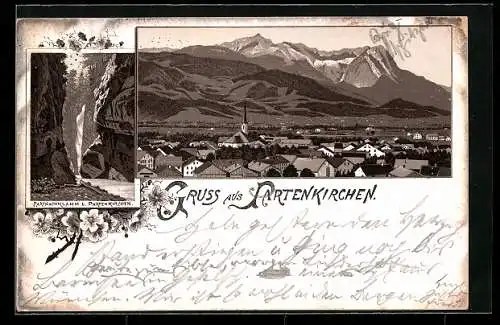 Vorläufer-Lithographie Partenkirchen, 1893, Partnachklamm, Ortsansicht aus der Vogelschau