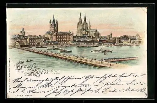 Lithographie Köln, Blick auf Dom und Brücke, Dampfer, Halt gegen das Licht