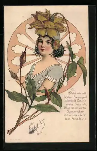 Glitzer-Perl-AK Hübsche Dame mit Blumen, Jugendstil