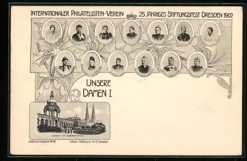 AK Ganzsache PP41C1 /09: Dresden, 25 jähriges Stiftungsfest des Internationalen Philatelisten-Vereins 1902, Unsere Damen