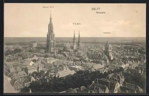 AK Delft, Panorama mit Kirchen