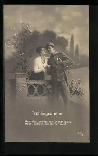 AK Soldat in Uniform mit seiner Frau, Frühlingsahnen