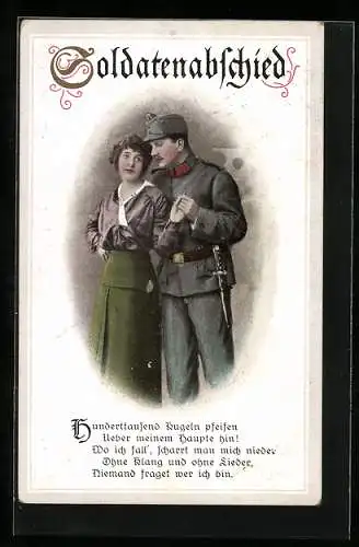 AK Österreichischer Soldat in Uniform mit seiner Frau, Soldatenabschied