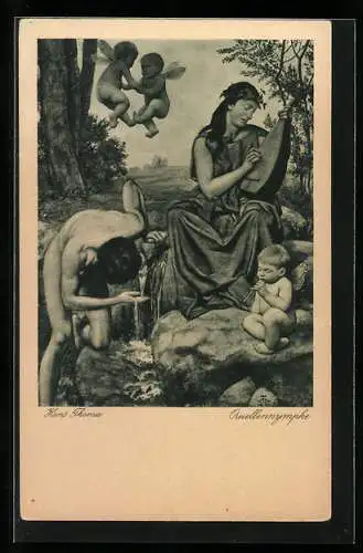 Künstler-AK Hans Thoma: Quellennymphe und kleine Engel