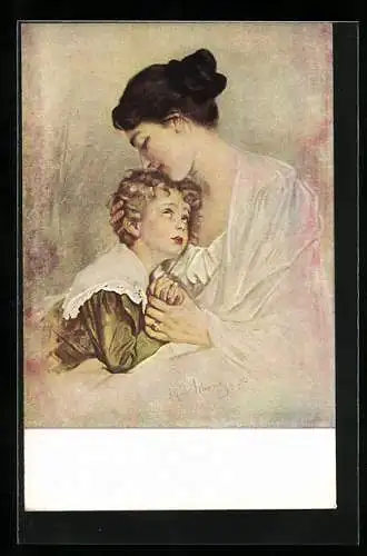 Künstler-AK sign. A. Schwarz: Mutter und Sohn beim Abendgebet