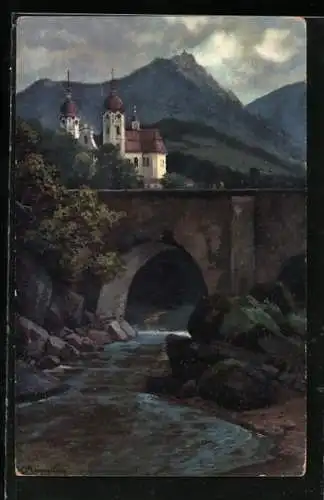 Künstler-AK Carl Ernst Morgenstern: Haindorf /Isergebirge, Kloster-Kirche mit dem Nuss-Stein