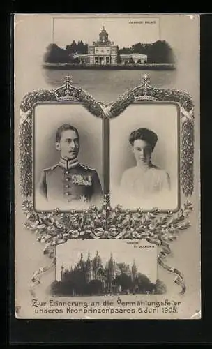 AK Kronprinz Wilhelm und Kronprinzessin Cecilie mit Marmor Palais und Schloss zu Schwerin, zur Vermählungsfeier 1915