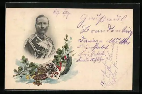 AK Kaiser Wilhelm II. im Portrait mit Wappen, Krone und Eichenlaub