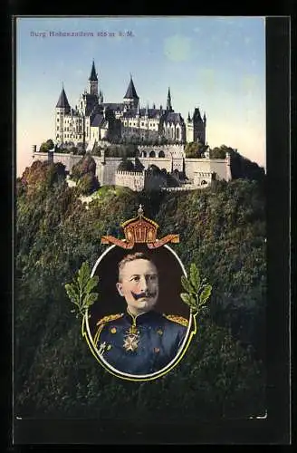 AK Kaiser Wilhelm II. im Portrait, abgebildet mit der Burg Hohenzollern