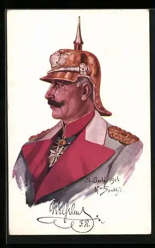 Künstler-AK Profilansicht von Kaiser Wilhelm II. mit verzierter, vergoldeter Pickelhaube