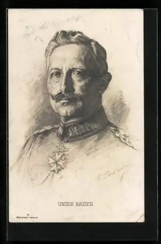 Künstler-AK Portrait von Kaiser Wilhelm II. in Uniform mit Orden