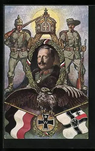 AK Kaiser Wilhelm II. in einem Siegerkranz umringt von DSW Soldaten, Adler auf dem eisernen Kreuz