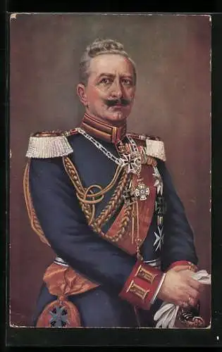 Künstler-AK Kaiser Wilhelm II. sitzend in Paradeuniform, mit Eisernem Kreuz