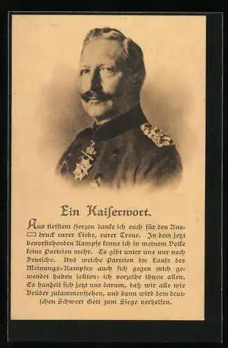 AK Porträt von Kaiser Wilhelm II. in Uniform, mit Kaiserwort