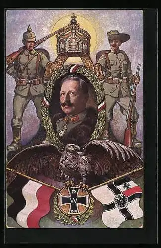 AK Kaiser Wilhelm II. in einem Siegerkranz umringt von DSW Soldaten, Adler auf dem eisernen Kreuz