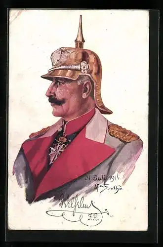 Künstler-AK Profilansicht von Kaiser Wilhelm II. mit verzierter, vergoldeter Pickelhaube