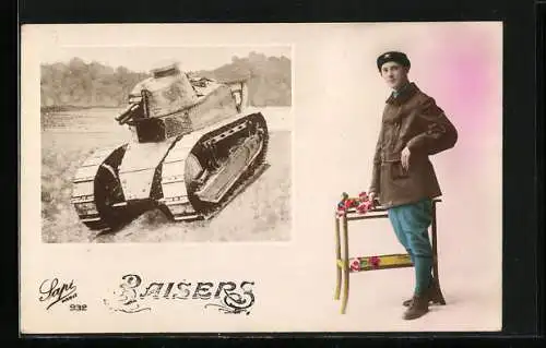 AK Französischer Soldat und Panzer