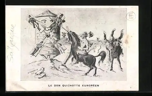 AK Le Don Quichotte Européen, Kaiser Franz Josef I. von Österreich greift Windmühle an