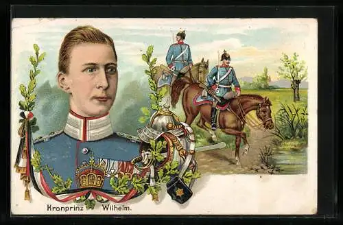 Lithographie Kronprinz Wilhelm von Preussen in Uniform und auf dem Pferd