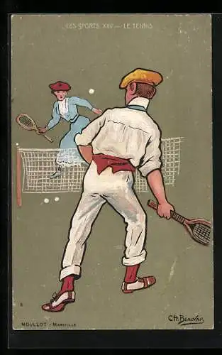 AK Les Sports, Le Tennis, Mann und Frau beim Tennis im Jugendstil