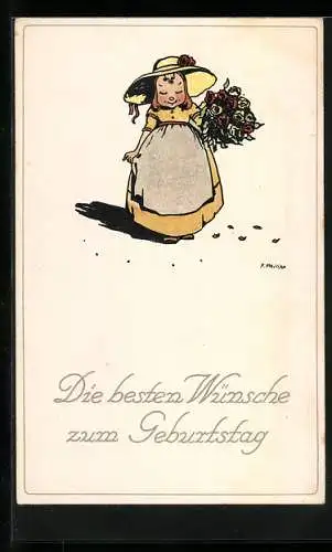 Künstler-AK sign. F. Philipp: Mädchen gratuliert mit Blumenstrauss zum Geburtstag