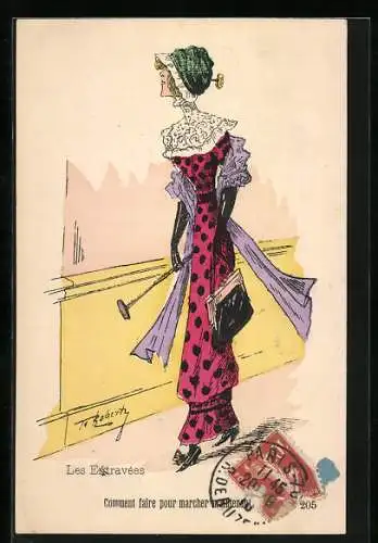 Künstler-AK sign. Roberts: Dame geht in gepunktetem Kleid spazieren