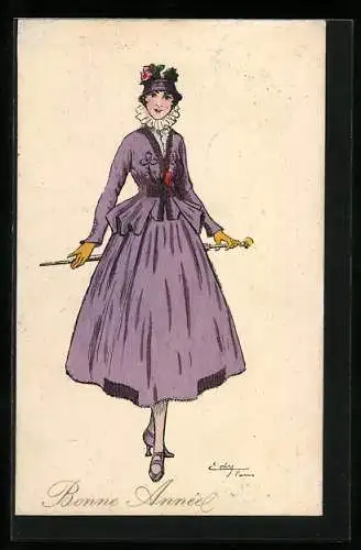 Künstler-AK sign. Edy: Elegante Dame in violettem Kleid mit Schirm in der Hand