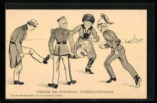 Künstler-AK Entente-Generäle spielen Fussball mit dem Kopf von Kaiser Wilhelm II.