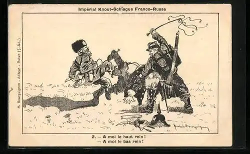 Künstler-AK Imperial Knout-Schlague Franco-Russe, Russe und Franzose versohlen deutschem Soldaten den Hintern