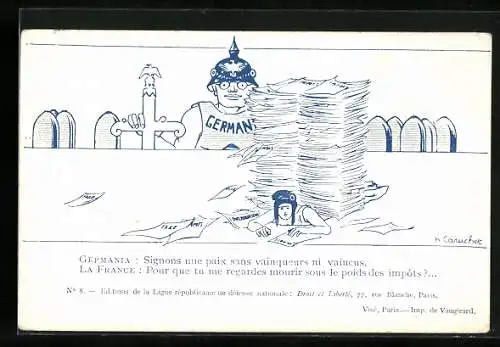 Künstler-AK deutscher Bürokrat mit Pickelhaube, Schwert und Granaten vor Aktenberg sitzend