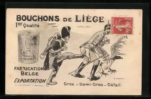 Künstler-AK Bouchons de Liege, Belgischer Soldat tritt Kaiser Wilhelm II. in den Hintern