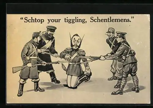 AK Kaiser Wilhelm II. wird von Entente-Soldaten mit Bajonetten gekitzelt