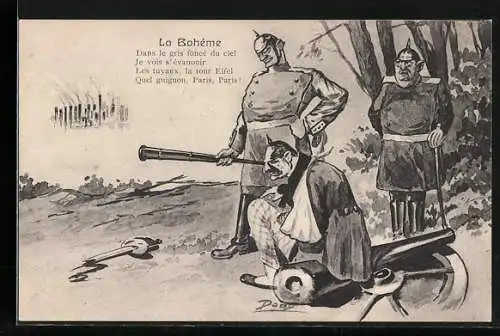 Künstler-AK La Bohème, Kaiser Wilhelm II. betrachtet durch ein Fernrohr Paris