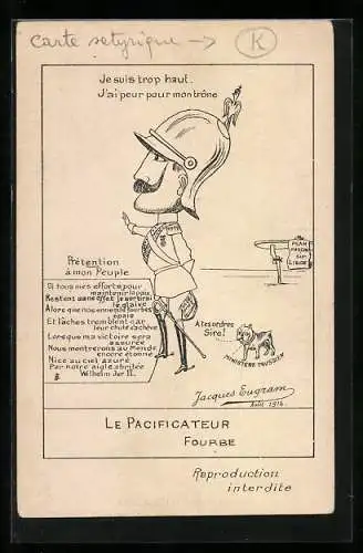 AK Le Pacificateur Fourbe, Karikatur von Kaiser Wilhelm II.